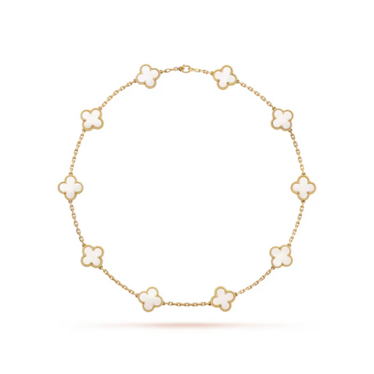 Colar VCA 10 Trevos Alhambra Branco - Banhado Ouro 18K